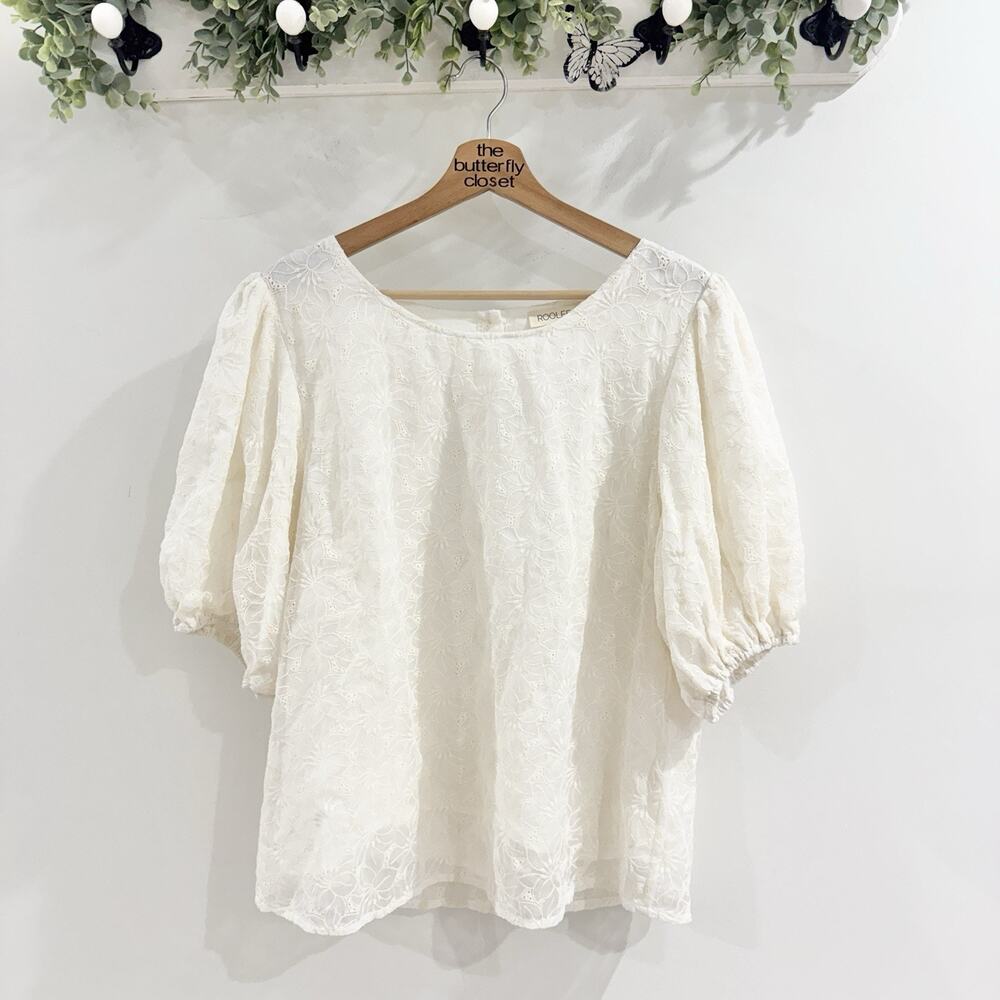 Roolee Ivory Floral Embroidered Puff Sleeve Blouse XL 7-5641